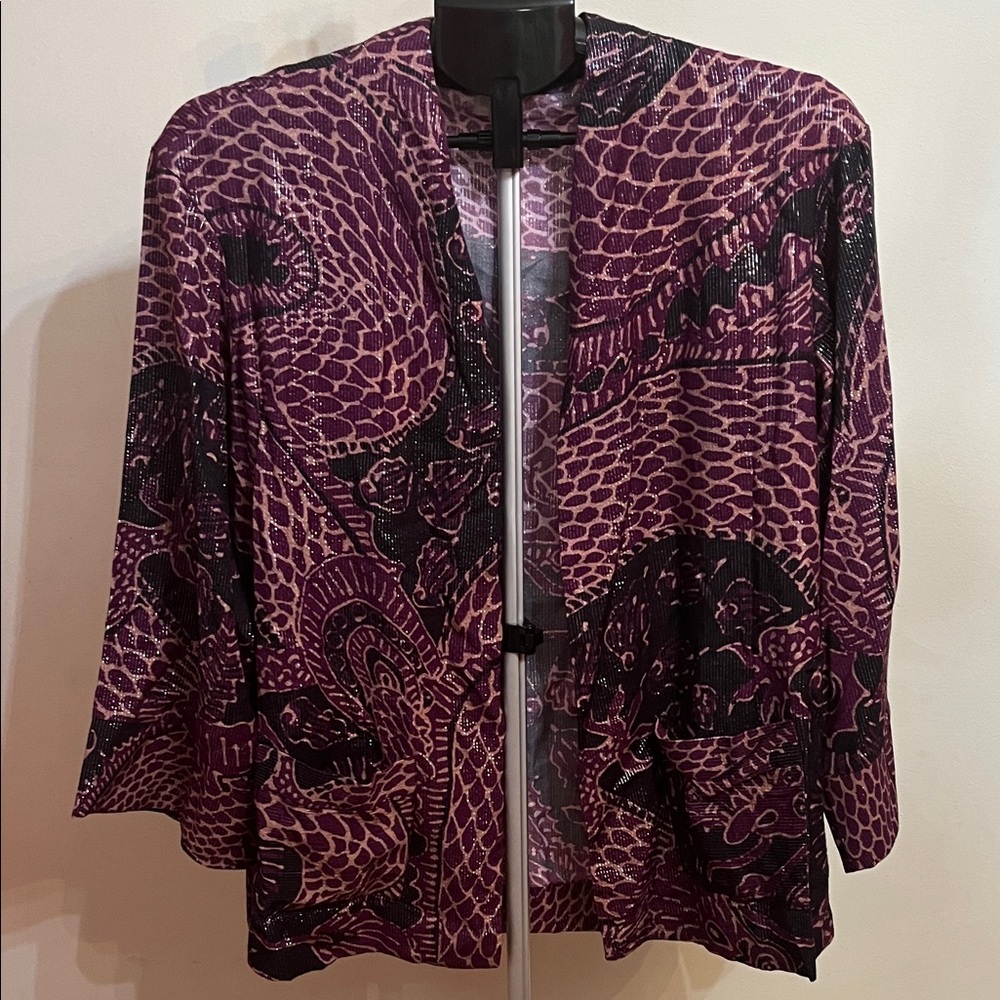 NWT Warm Purple and Black Patterned Shimmery Open Cardigan